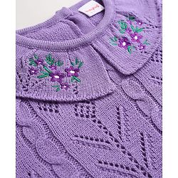 Babyhug Cable Knit Full Sleeves Pullover with Floral Embroidery - Purple