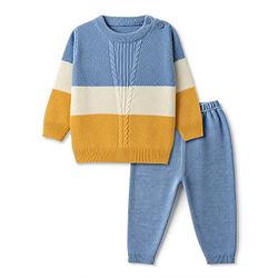 Babyhug Knit Full Sleeves Striped Sweater Set - Yellow & Blue