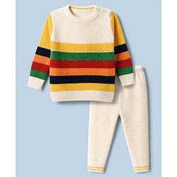 Babyhug Knit Full Sleeves Striped Sweater Set - Offwhite