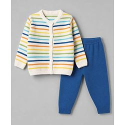 Babyhug Knit Full Sleeves Striped Sweater Set - Blue