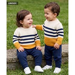 Babyhug Knit Full Sleeves Striped Sweater Set - Yellow