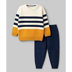 Babyhug Knit Full Sleeves Striped Sweater Set - Yellow