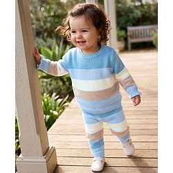 Babyhug Knit Full Sleeves Sweater Set with Striped Print in Blue