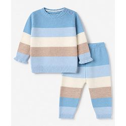 Babyhug Knit Full Sleeves Sweater Set with Striped Print in Blue