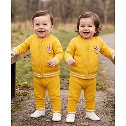 Babyhug Knit Full Sleeves Sweater Set with Tiger Patch - Yellow