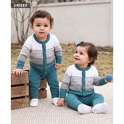 Babyhug Knit Full Sleeves Striped Sweater Set - Teal Blue