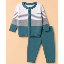 Babyhug Knit Full Sleeves Striped Sweater Set - Teal Blue