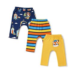 Babyhug 100% Cotton Interlock Knit Full Length Striped Diaper Leggings with Animal Print Pack of 3 - Yellow, Navy Blue & Red