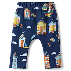 Babyhug 100% Cotton Interlock Knit Full Length Striped Diaper Leggings with Animal Print Pack of 3 - Yellow, Navy Blue & Red