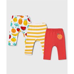 Babyhug 100% Cotton Interlock Knit Full Length Striped Diaper Leggings With Fruit Print Pack of 3 - Yellow, White & Red