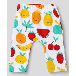 Babyhug 100% Cotton Interlock Knit Full Length Striped Diaper Leggings With Fruit Print Pack of 3 - Yellow, White & Red