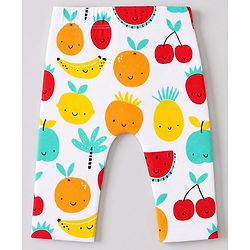 Babyhug 100% Cotton Interlock Knit Full Length Striped Diaper Leggings With Fruit Print Pack of 3 - Yellow, White & Red
