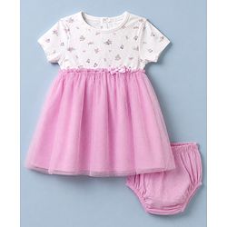Babyhug Mesh Knit Frock with Bloomer with Half Sleeves and Floral Print in Pink for New born