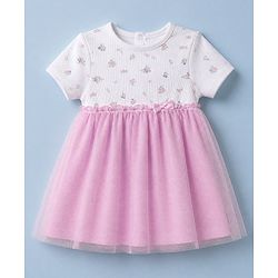 Babyhug Mesh Knit Frock with Bloomer with Half Sleeves and Floral Print in Pink for New born