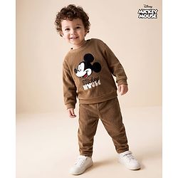 Babyhug Disney Fleece Knit Full Sleeves Winter Wear Suit With Mickey Mouse Embroidery - Brown