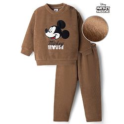 Babyhug Disney Fleece Knit Full Sleeves Winter Wear Suit With Mickey Mouse Embroidery - Brown