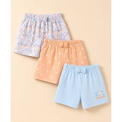 Babyhug 100% Cotton Jersey Knit Mid Thigh Shorts With Floral & Text Print Pack of 3 - White, Peach & Light Blue