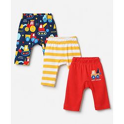 Babyhug 100% Cotton Knit Full Length Striped & Costruction Vehicles Printed Diaper Leggings Pack Of 3 - Red Navy Blue & Yellow