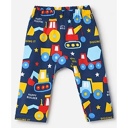 Babyhug 100% Cotton Knit Full Length Striped & Costruction Vehicles Printed Diaper Leggings Pack Of 3 - Red Navy Blue & Yellow