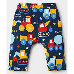 Babyhug 100% Cotton Knit Full Length Striped & Costruction Vehicles Printed Diaper Leggings Pack Of 3 - Red Navy Blue & Yellow