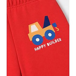 Babyhug 100% Cotton Knit Full Length Striped & Costruction Vehicles Printed Diaper Leggings Pack Of 3 - Red Navy Blue & Yellow