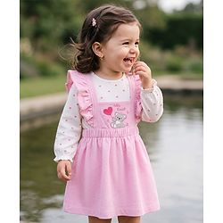 Babyhug Cotton Knit Frock with Inner Tee with Full Sleeves and Bear Patch & Text Embroidery in Pink