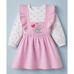 Babyhug Cotton Knit Frock with Inner Tee with Full Sleeves and Bear Patch & Text Embroidery in Pink