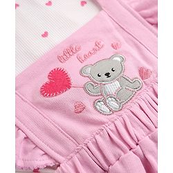 Babyhug Cotton Knit Frock with Inner Tee with Full Sleeves and Bear Patch & Text Embroidery in Pink