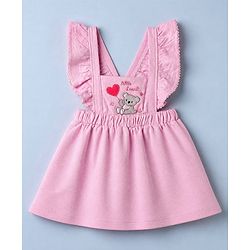 Babyhug Cotton Knit Frock with Inner Tee with Full Sleeves and Bear Patch & Text Embroidery in Pink