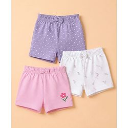 Babyhug 100% Cotton Jersey Knit Mid Thigh Floral & Polka Dots Printed Shorts With Bow Applique Pack Of 3 - Purple White & Pink