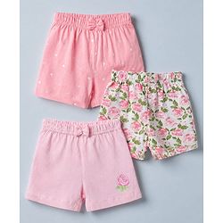 Babyhug Cotton Jersey Knit Mid Thigh Shorts With Floral & Heart Print Pack of 3 - Pink