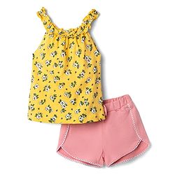 Babyhug 100% Cotton Single Jersey Knit Sleeveless Halter Neck Top & Shorts Set Floral Print - Yellow & Pink