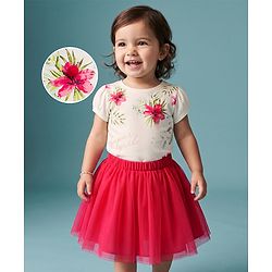 Babyhug Single Jersey Knit Half Sleeves Top & Pleated Skirt Set Floral Print - Off White & Red