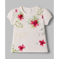 Babyhug Single Jersey Knit Half Sleeves Top & Pleated Skirt Set Floral Print - Off White & Red