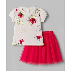 Babyhug Single Jersey Knit Half Sleeves Top & Pleated Skirt Set Floral Print - Off White & Red