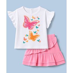 Babyhug 100% Cotton Single Jersey Knit Half Sleeves Top With Butterfly Print & Skirt - White & Pink