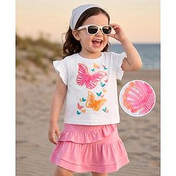 Babyhug 100% Cotton Single Jersey Knit Half Sleeves Top With Butterfly Print & Skirt - White & Pink