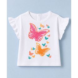 Babyhug 100% Cotton Single Jersey Knit Half Sleeves Top With Butterfly Print & Skirt - White & Pink