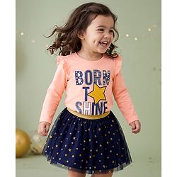 Babyhug Single Jersey Knit Full Sleeves Top & Skirt Set Star & Text Print - Pink & Navy Blue