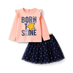 Babyhug Single Jersey Knit Full Sleeves Top & Skirt Set Star & Text Print - Pink & Navy Blue