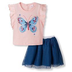 Babyhug 100% Cotton Single Jersey Knit Sleeveless Butterfly Printed & Sequinned Top & Skirt Set - Peach & Navy Blue