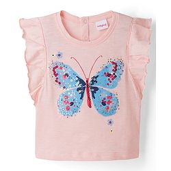 Babyhug 100% Cotton Single Jersey Knit Sleeveless Butterfly Printed & Sequinned Top & Skirt Set - Peach & Navy Blue