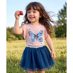 Babyhug 100% Cotton Single Jersey Knit Sleeveless Butterfly Printed & Sequinned Top & Skirt Set - Peach & Navy Blue