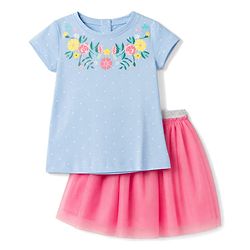 Babyhug Single Jersey Knit Half Sleeves Top & Skirt Set Floral Print - Pink & Blue