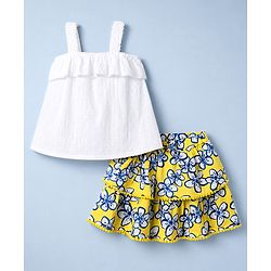 Babyhug Single Jersey Knit Sleeveless Schiffli Top & Pom Pom Lace Layered Skirt Set Floral Print - White & Yellow