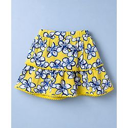 Babyhug Single Jersey Knit Sleeveless Schiffli Top & Pom Pom Lace Layered Skirt Set Floral Print - White & Yellow