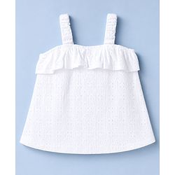 Babyhug Single Jersey Knit Sleeveless Schiffli Top & Pom Pom Lace Layered Skirt Set Floral Print - White & Yellow