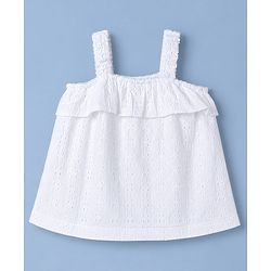 Babyhug Single Jersey Knit Sleeveless Schiffli Top & Pom Pom Lace Layered Skirt Set Floral Print - White & Yellow