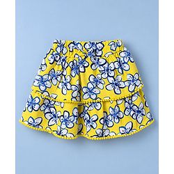 Babyhug Single Jersey Knit Sleeveless Schiffli Top & Pom Pom Lace Layered Skirt Set Floral Print - White & Yellow