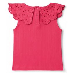 Babyhug Single Jersey Knit Sleeveless Schiffli Collar Ribbed Top & Floral Printed Layered Skirt Set - Red